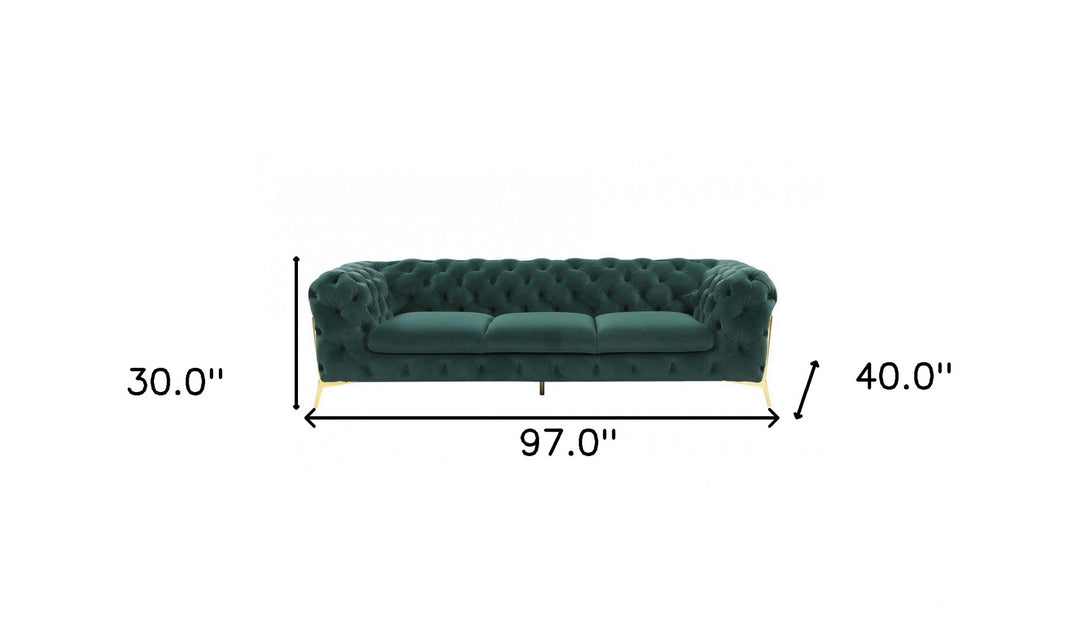 97" Green Velvet Sofa With Gold Legs