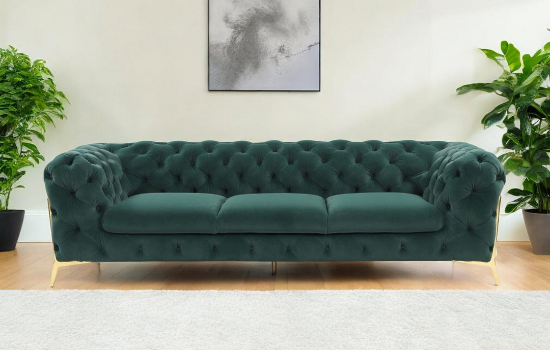 97" Green Velvet Sofa With Gold Legs