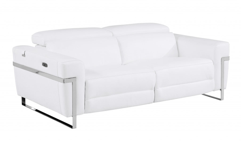 83" White Italian Leather USB Reclining Sofa With Chrome Legs