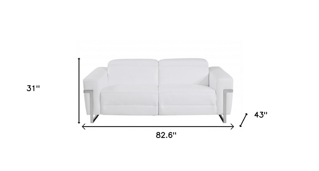 83" White Italian Leather USB Reclining Sofa With Chrome Legs