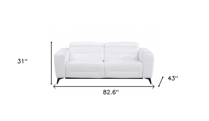 83" White Italian Leather USB Reclining Sofa With Black Legs