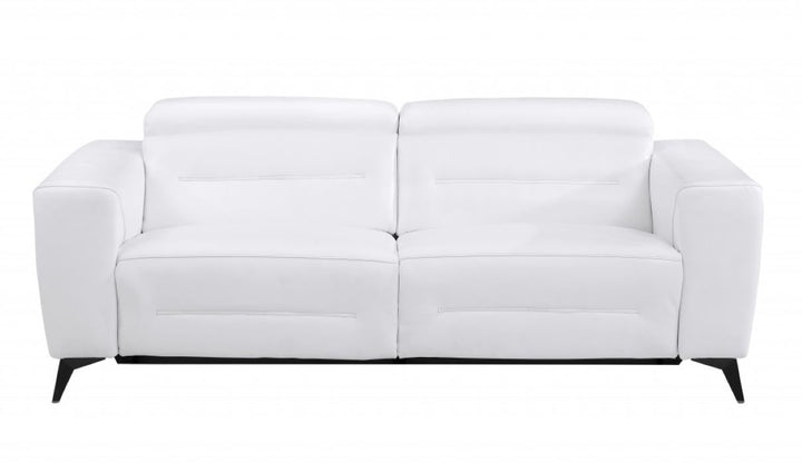 83" White Italian Leather USB Reclining Sofa With Black Legs