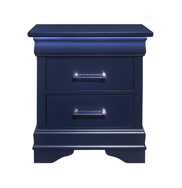 24" Blue Two Drawer Solid Wood Lighted Nightstand