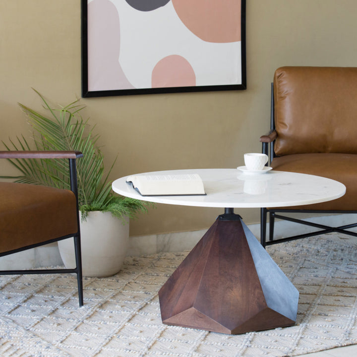 32" Brown And White Solid Wood and Marble Geo Coffee Table