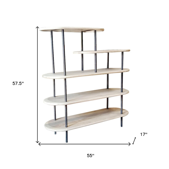 58" White and Gray Iron and Solid Wood Five Tier Bookcase