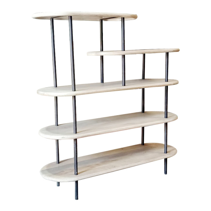 58" White and Gray Iron and Solid Wood Five Tier Bookcase