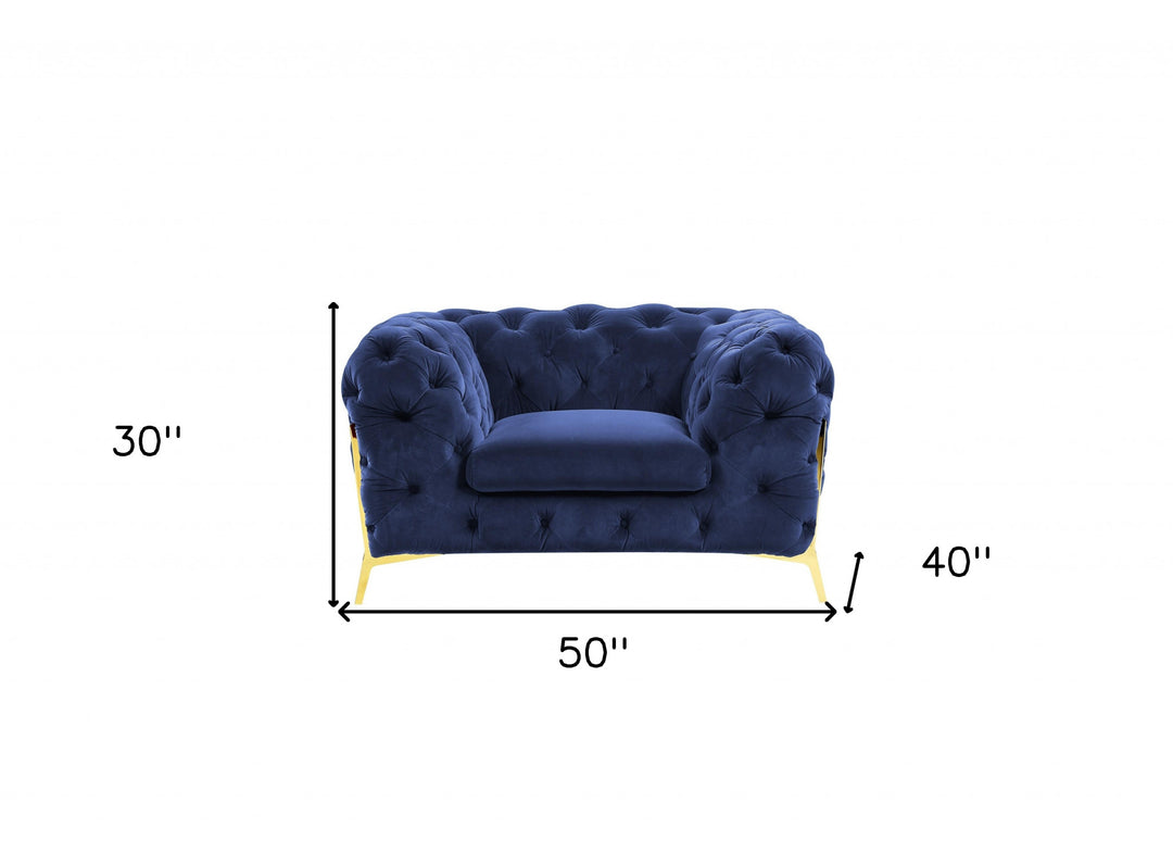 50" Blue Tufted Velvet And Gold Solid Color Lounge Chair