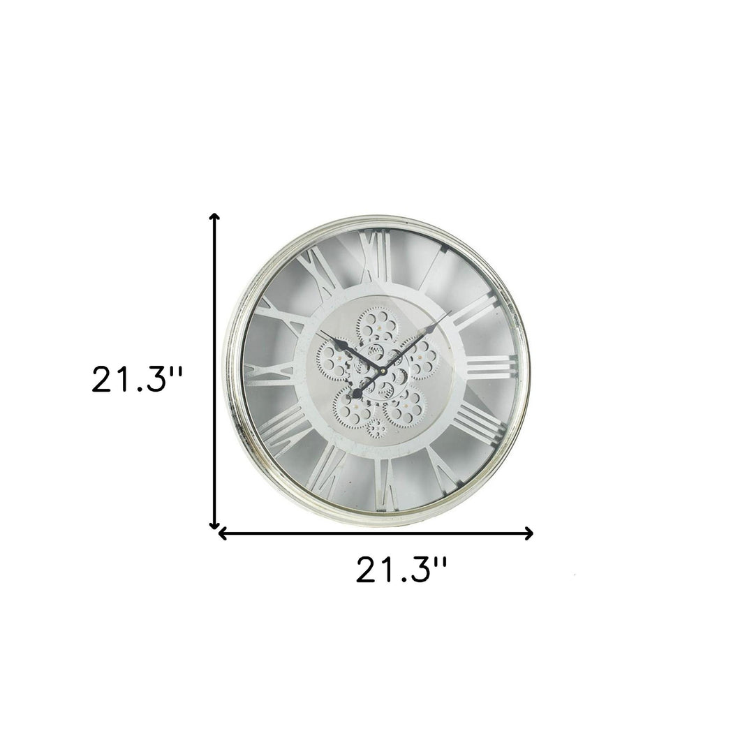 21" Circle Silver Metal and Glass Analog Exposed Gear Wall Clock