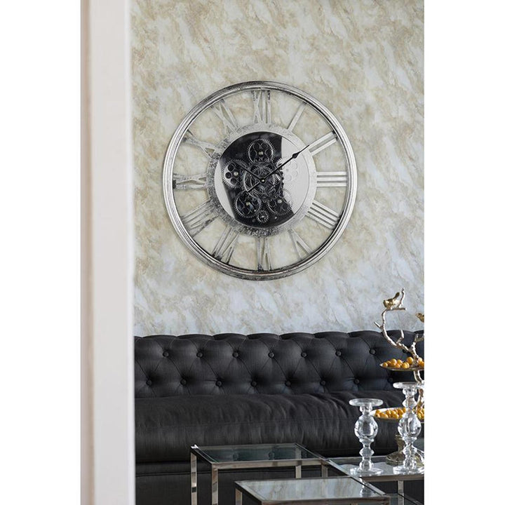 21" Circle Silver Metal and Glass Analog Exposed Gear Wall Clock