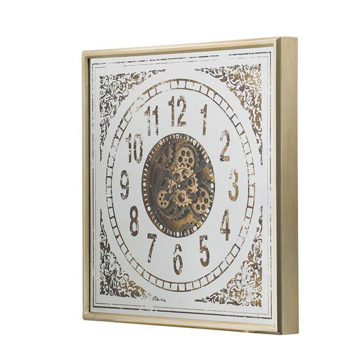 32" Square Gold and Silver Wood and Mirror Analog Exposed Gear Wall Clock