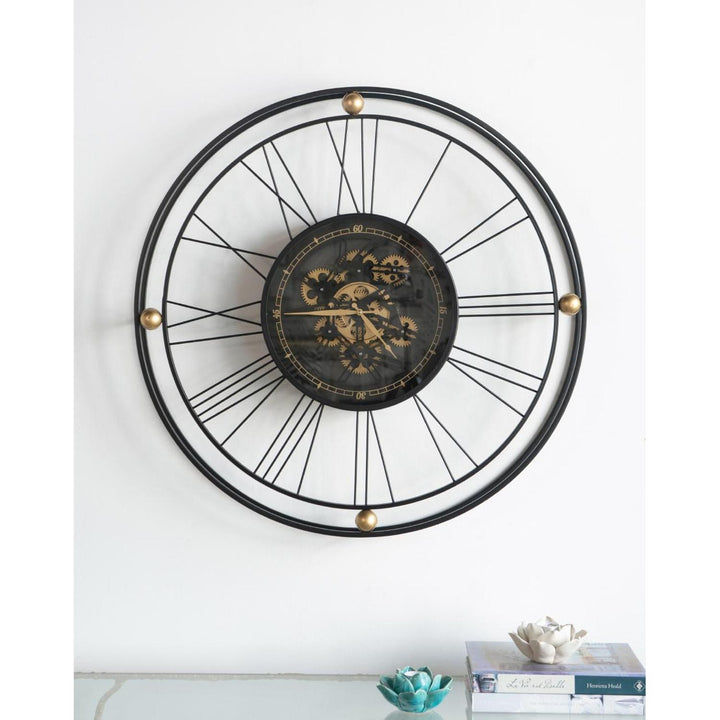 32" Circle Black and Gold Metal and Glass Analog Exposed Gear Wall Clock