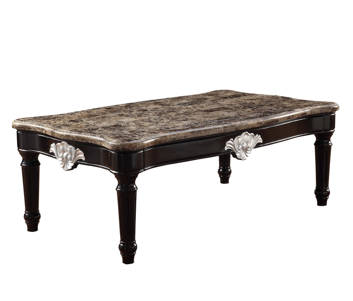 56" Brown And Black Faux Marble And Solid And Manufactured Wood Coffee Table