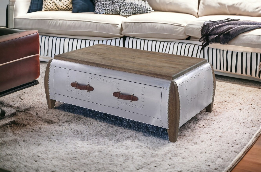 51" Brown And Gray Solid Wood And Aluminum Coffee Table With Drawer