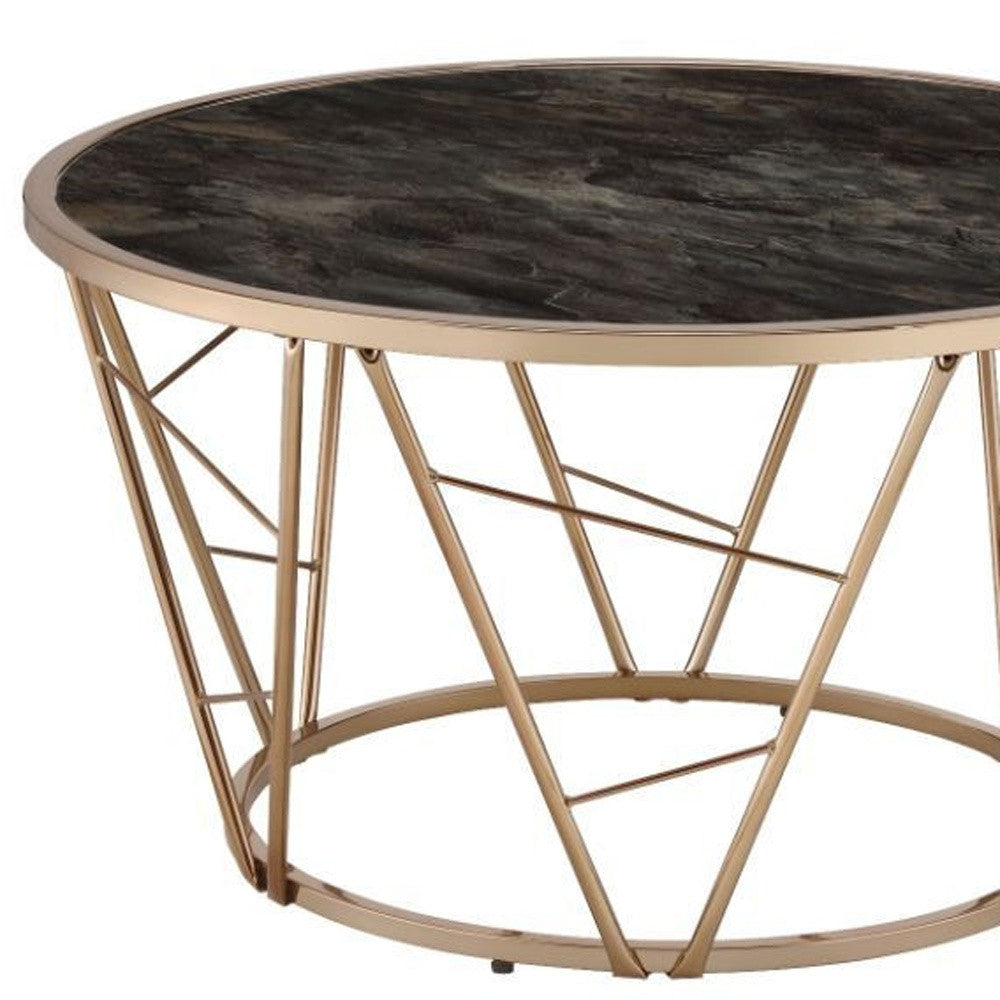 33" Black And Champagne Glass Faux Marble And Metal Round Coffee Table