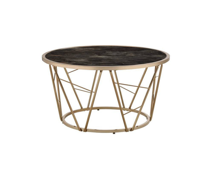 33" Black And Champagne Glass Faux Marble And Metal Round Coffee Table