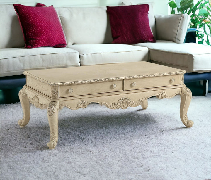 52" Antiqued White Solid Wood Coffee Table With Two Drawers