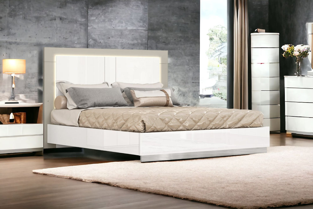 King White High Gloss Bed Frame with LED Headboard