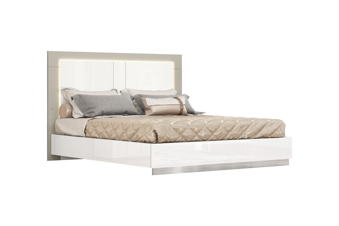 Queen White and Taupe High Gloss Bed Frame with LED Headboard