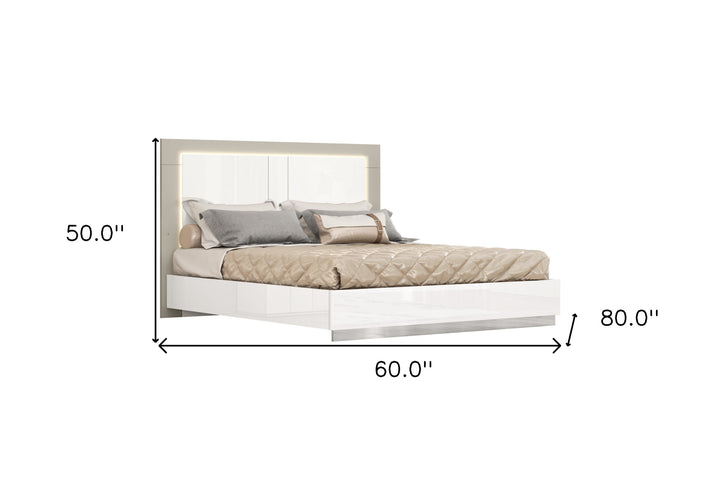 Queen White and Taupe High Gloss Bed Frame with LED Headboard