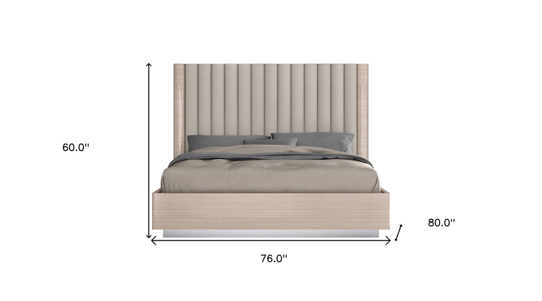 King Size High Gloss Beige Upholstered Channeled Headboard Bed Frame