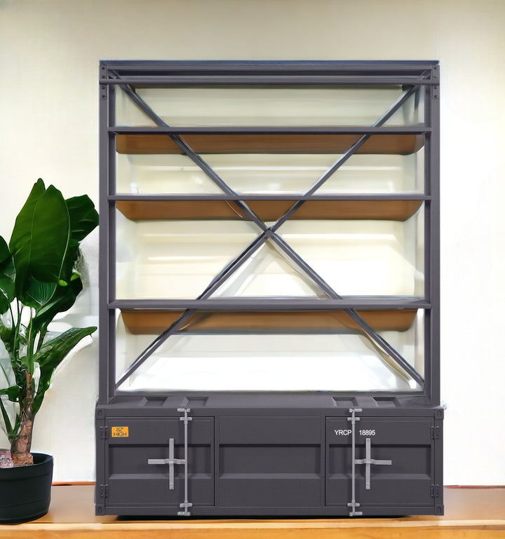 83" Gray Four Tier Cargo Style Bookcase with Cabinets and Ladder