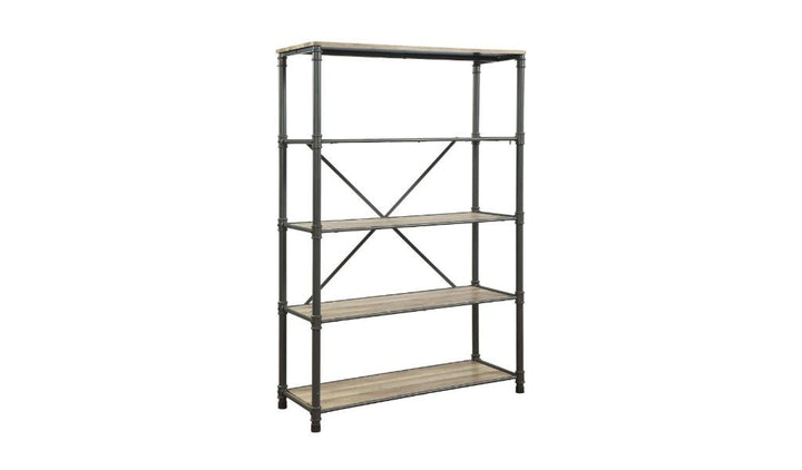 71" Antique Oak And Gray Distressed Four Tier Bookcase