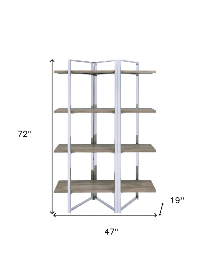 72" Brown and Silver Metal Four Tier Etagere Bookcase