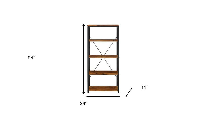 54" Brown and Black Metal Four Tier Etagere Bookcase