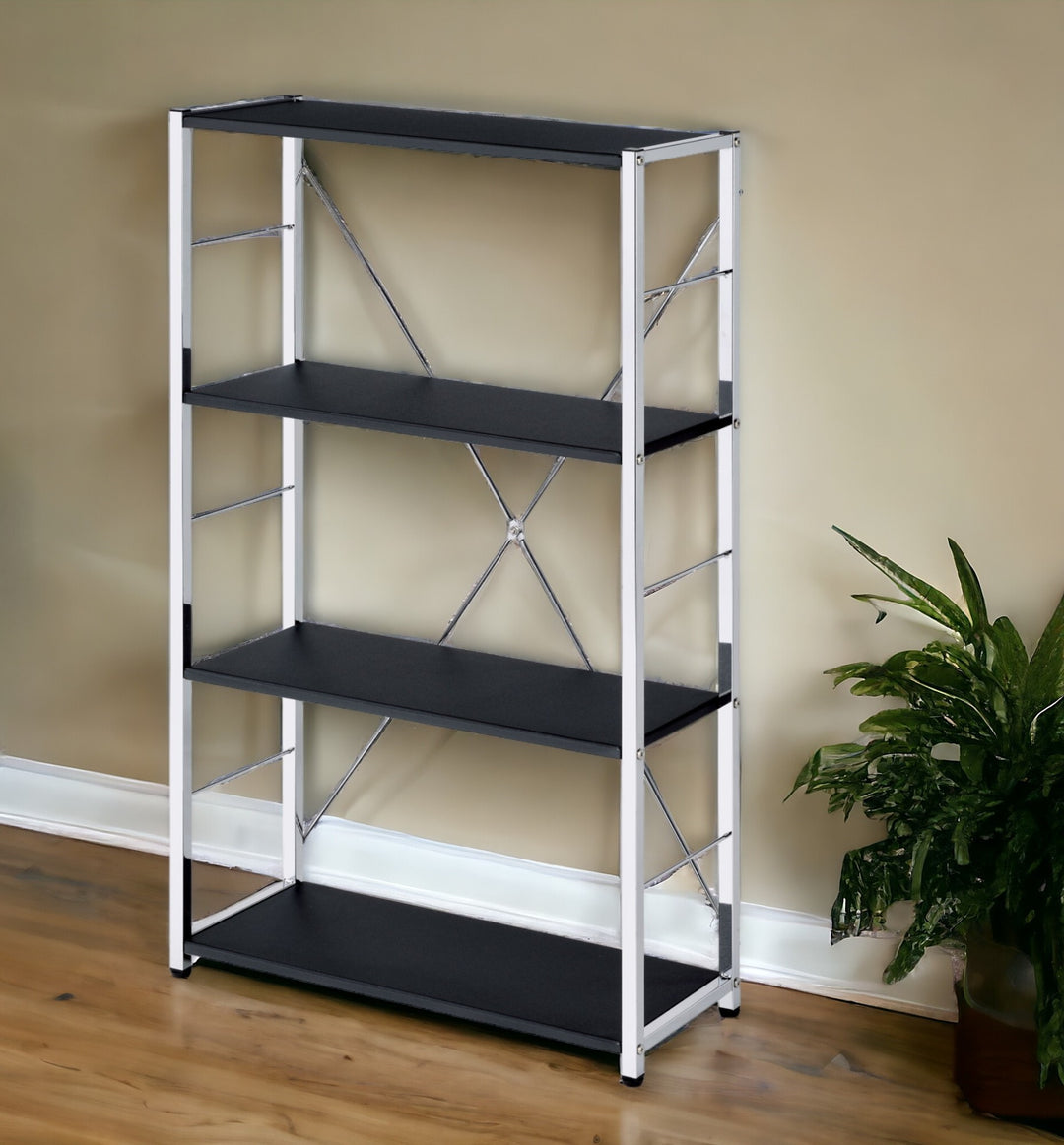 42" Black and Silver Metal Four Tier Etagere Bookcase