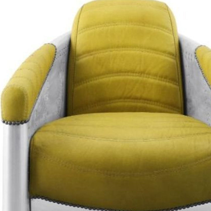 28" Yellow Top Grain Leather And Steel Barrel Chair