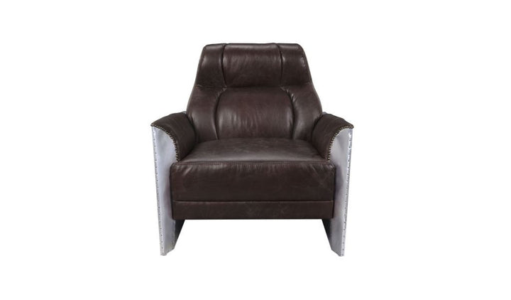 35" Espresso And Silver Top Grain Leather Tufted Club Chair