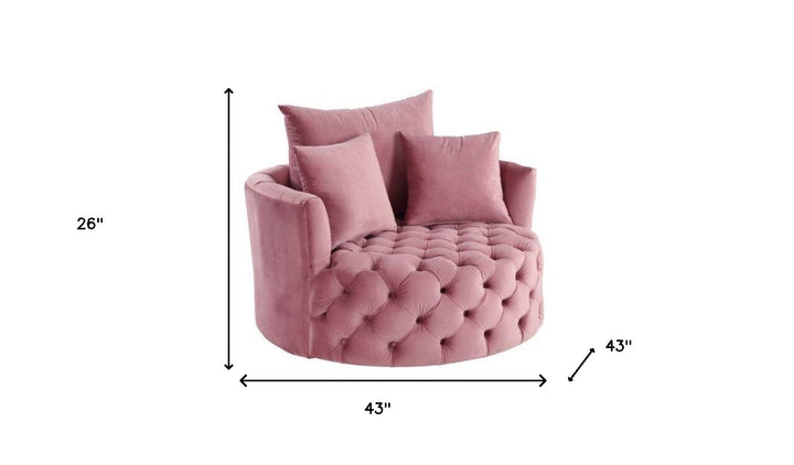 43" Pink Velvet Tufted Swivel Barrel Chair And Toss Pillows