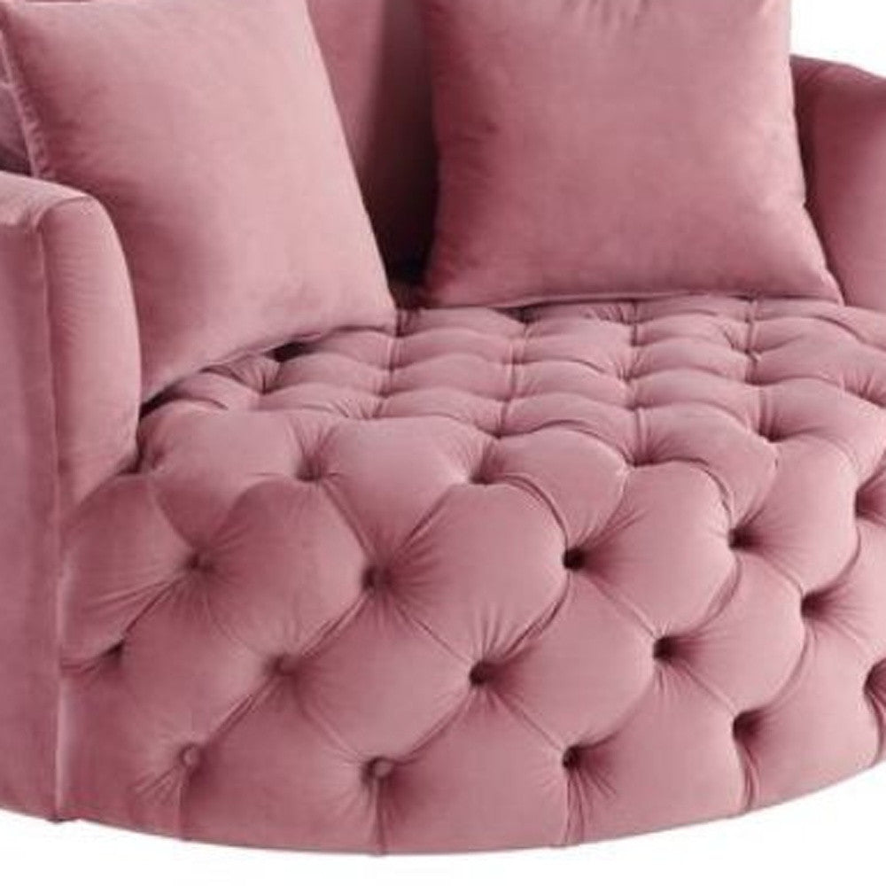 43" Pink Velvet Tufted Swivel Barrel Chair And Toss Pillows