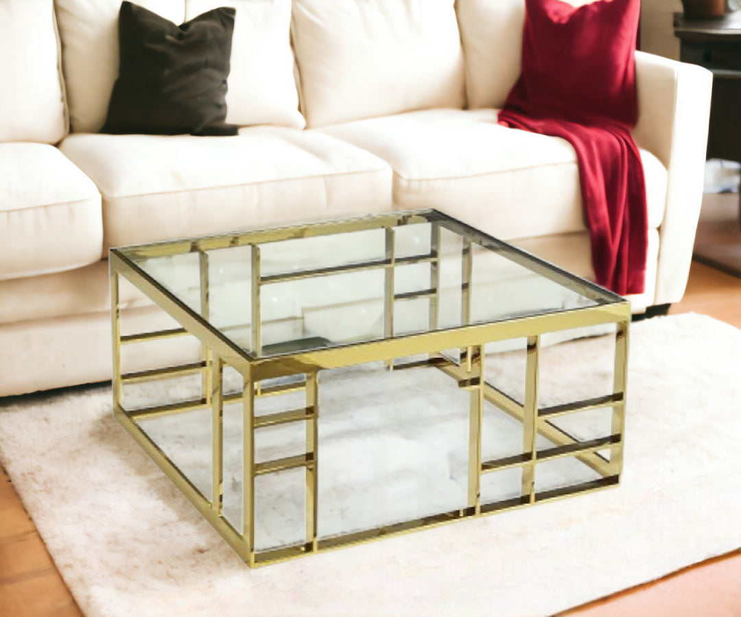 40" Gold And Clear Glass Square Coffee Table