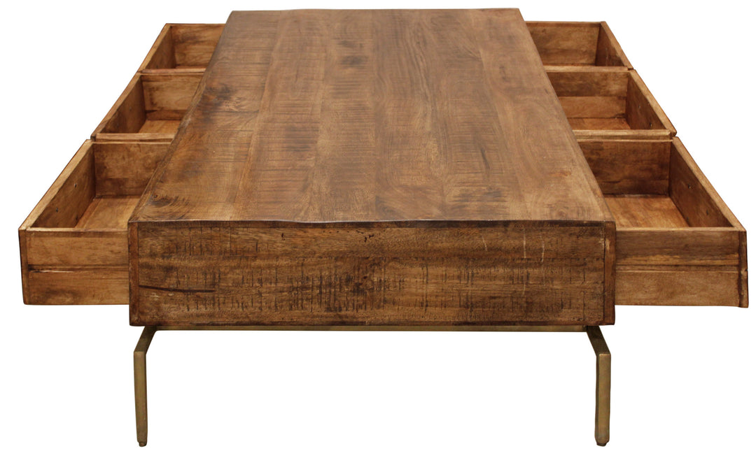 56" Brass And Brown Solid Wood Rectangular Distressed Storage Coffee Table