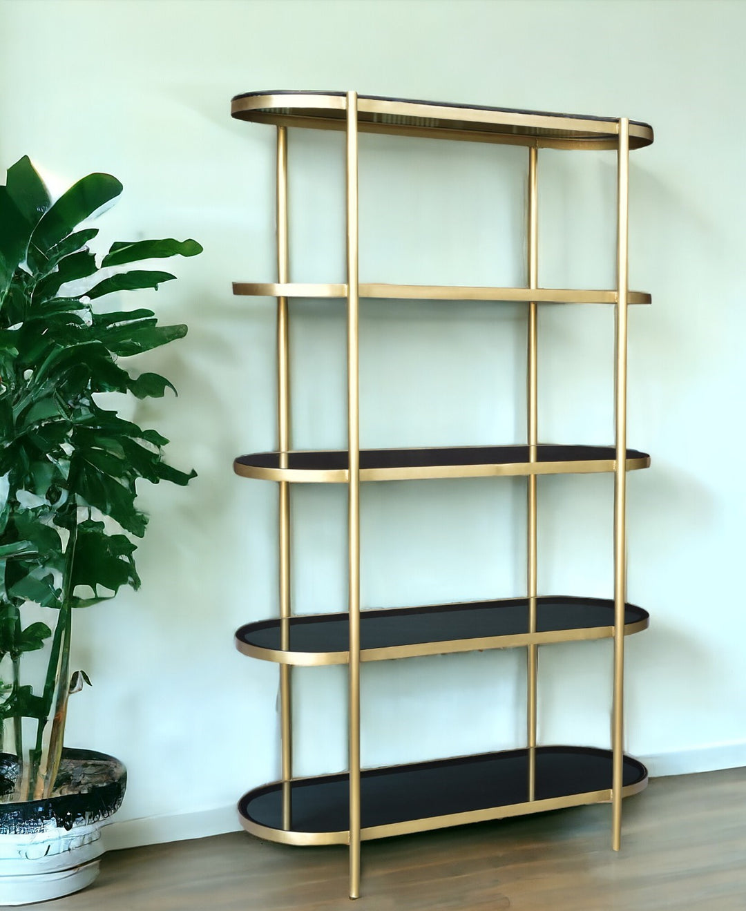 75" Black and Gold Iron and Glass Four Tier Etagere Bookcase