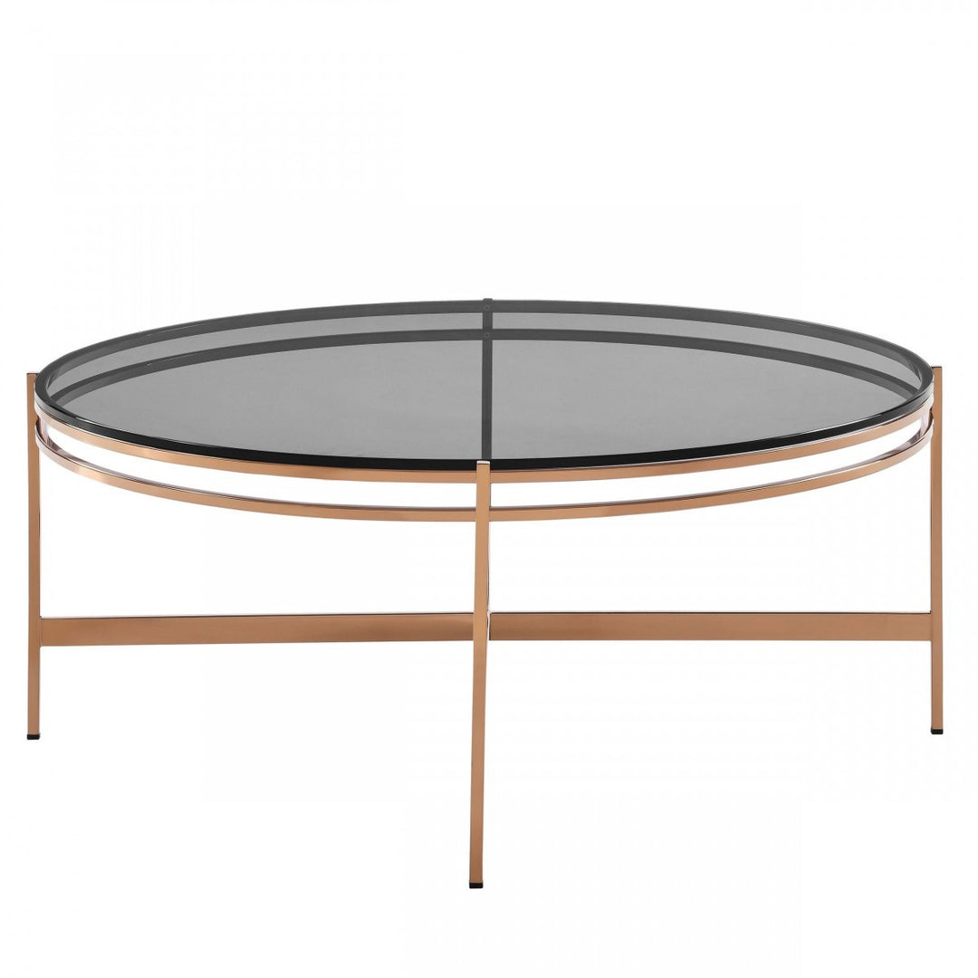 35" Gold And Smoked Glass Round Coffee Table