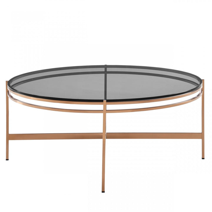 35" Gold And Smoked Glass Round Coffee Table