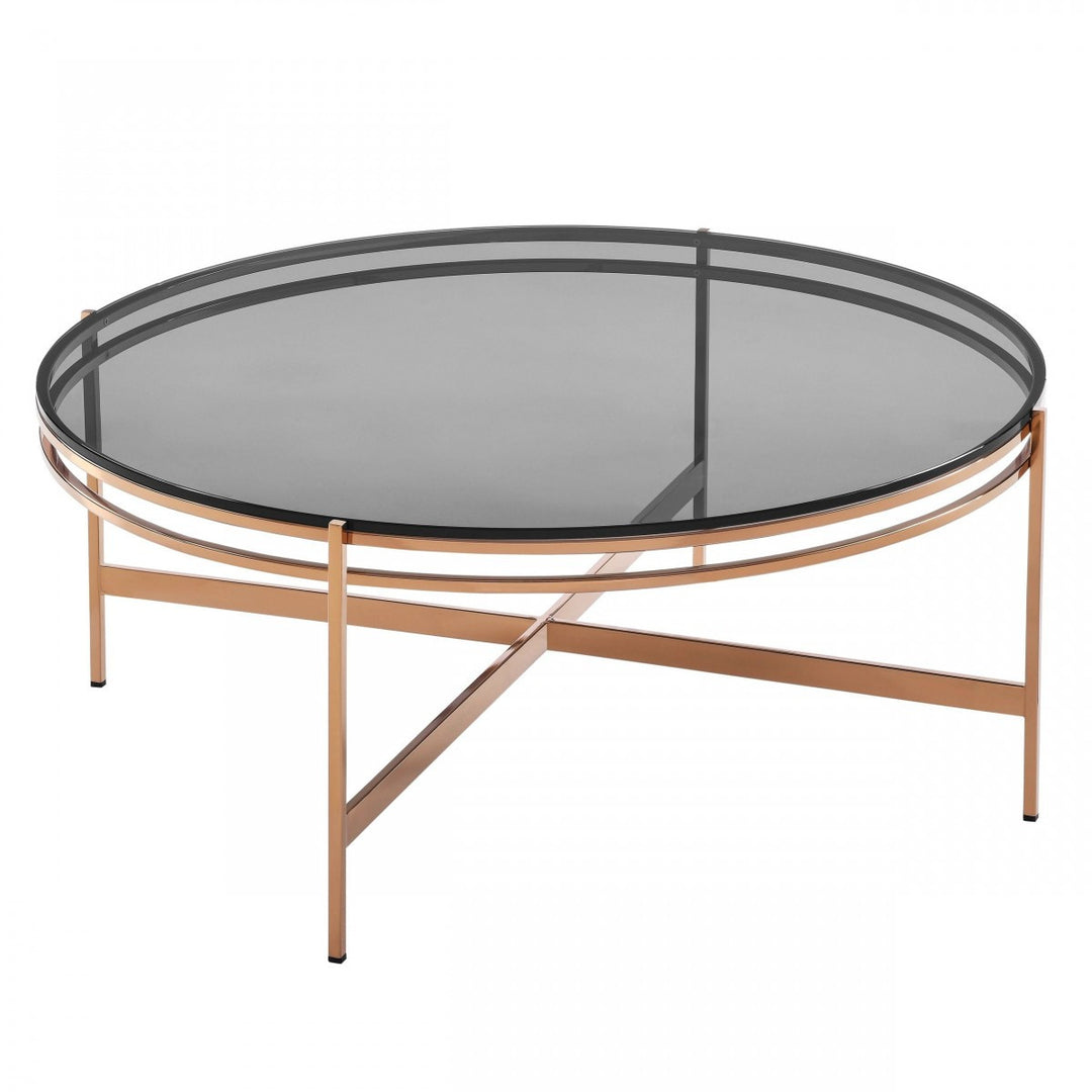 35" Gold And Smoked Glass Round Coffee Table