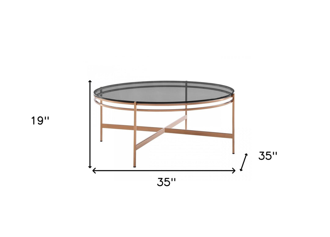 35" Gold And Smoked Glass Round Coffee Table