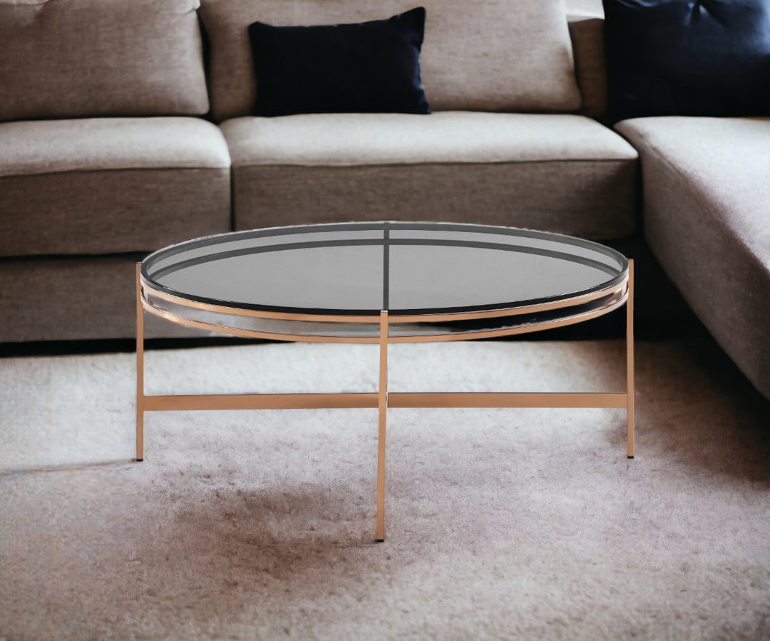 35" Gold And Smoked Glass Round Coffee Table