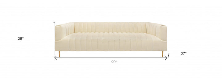 90" Ivory Velvet Sofa And Toss Pillows With Gold Legs