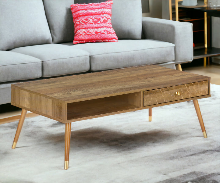 44" Natural And Brown Solid Wood Coffee Table With Drawer And Shelf