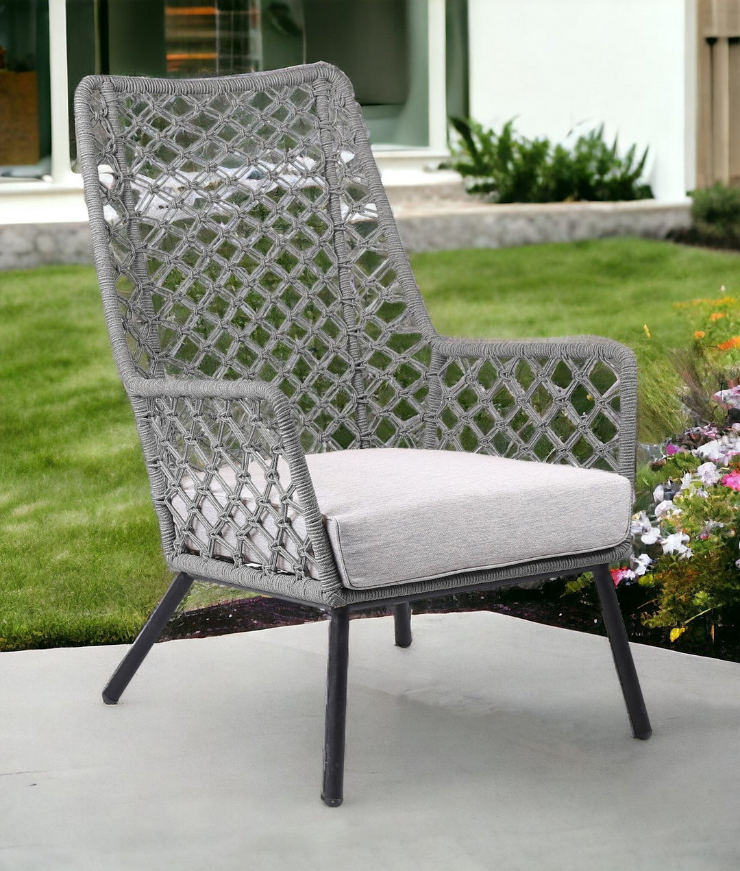 26" Gray and Black Steel Indoor Outdoor Dining Chair with Gray Cushion