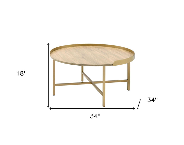 34" Gold And Oak Manufactured Wood And Metal Round Coffee Table