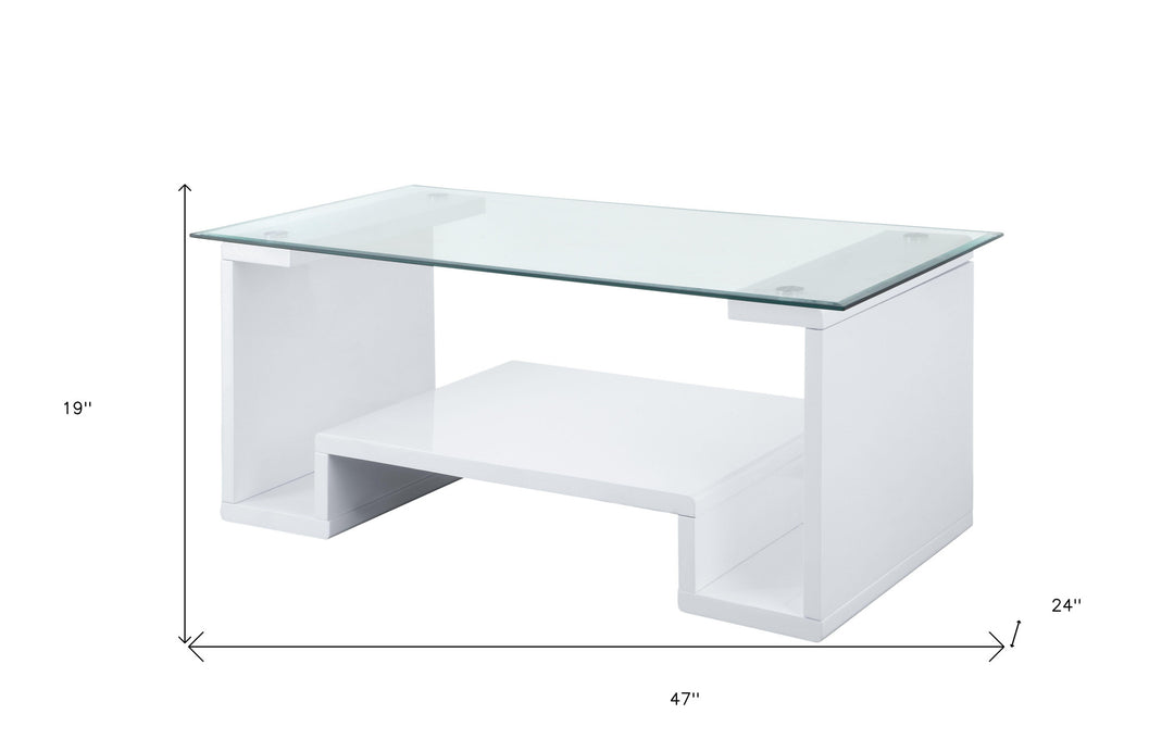 47" White And Clear Glass And Manufactured Wood Rectangular Coffee Table With Shelf