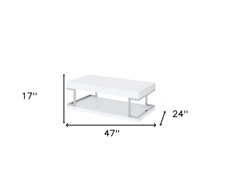 47" Chrome And White High Gloss Manufactured Wood And Metal Rectangular Coffee Table With Shelf