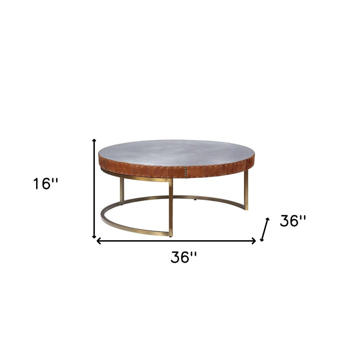 36" Brown And Silver Leather And Metal Round Coffee Table