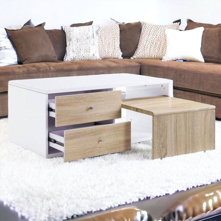 47" White and Natural Coffee Table With Four Drawers