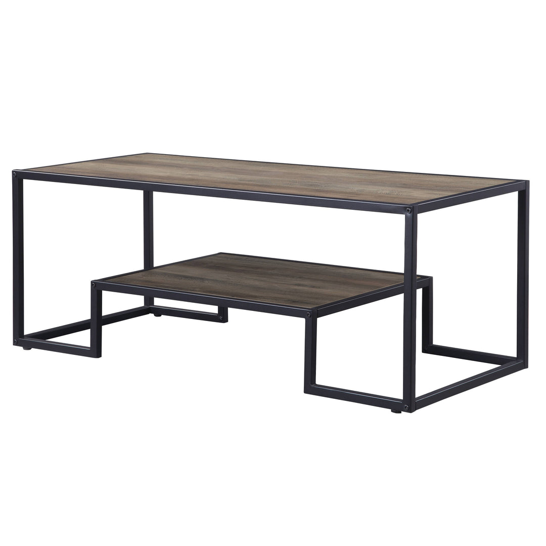 45" Black And Rustic Oak Paper Veneer And Metal Rectangular Coffee Table With Shelf